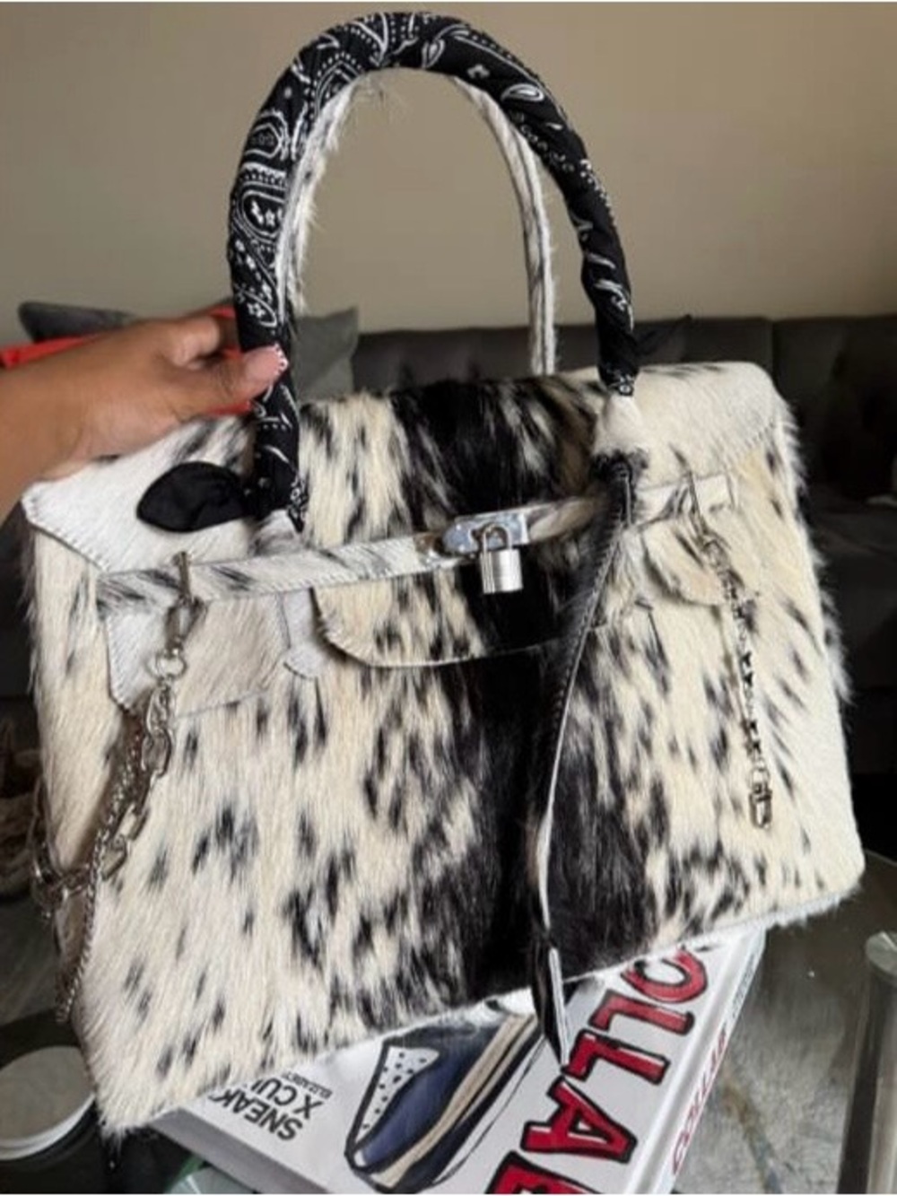 Luxury Black and White Cowhide Top-Handle Bag